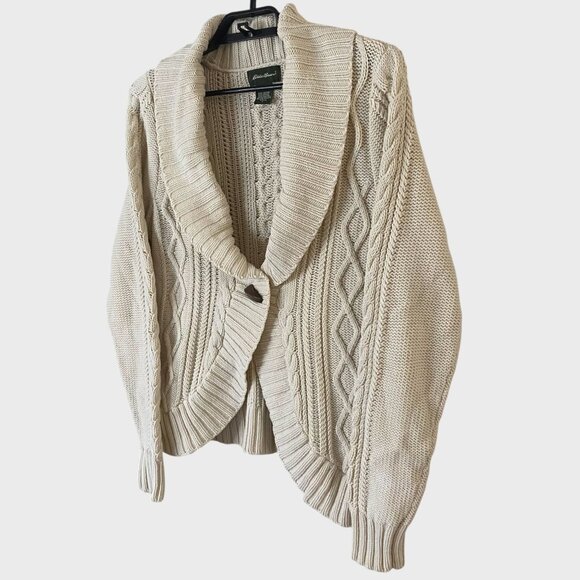 Eddie Bauer Chunky Cable-Knit Cardigan Sweater Cream Women's Size Large Tall - Picture 2 of 13